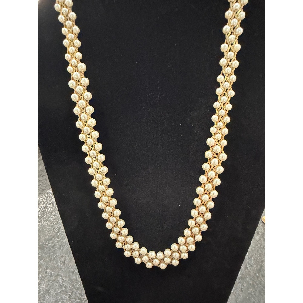 Vintage Artistry Faux Pearl Woven Bib Necklace Gold Tone Lattice 80s 90s Choker